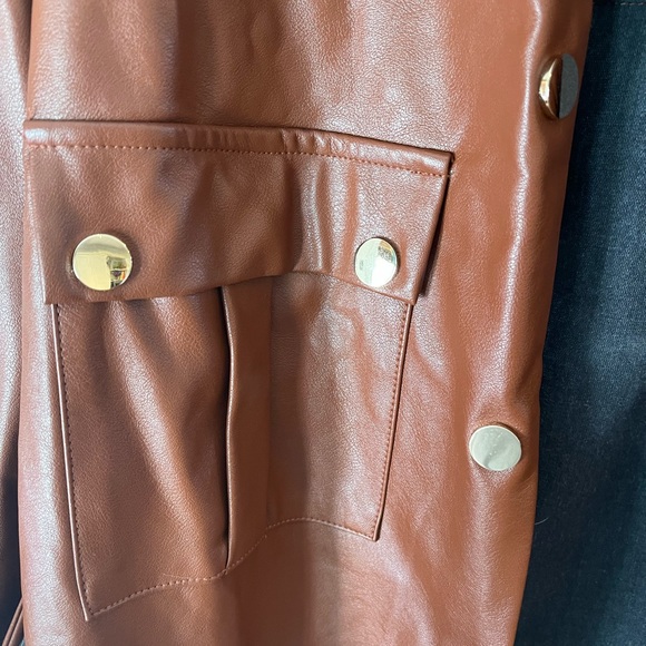 On Twelfth Fur Collar Brown Pleather Belted Long Jacket with Gold Accents - Picture 5 of 11